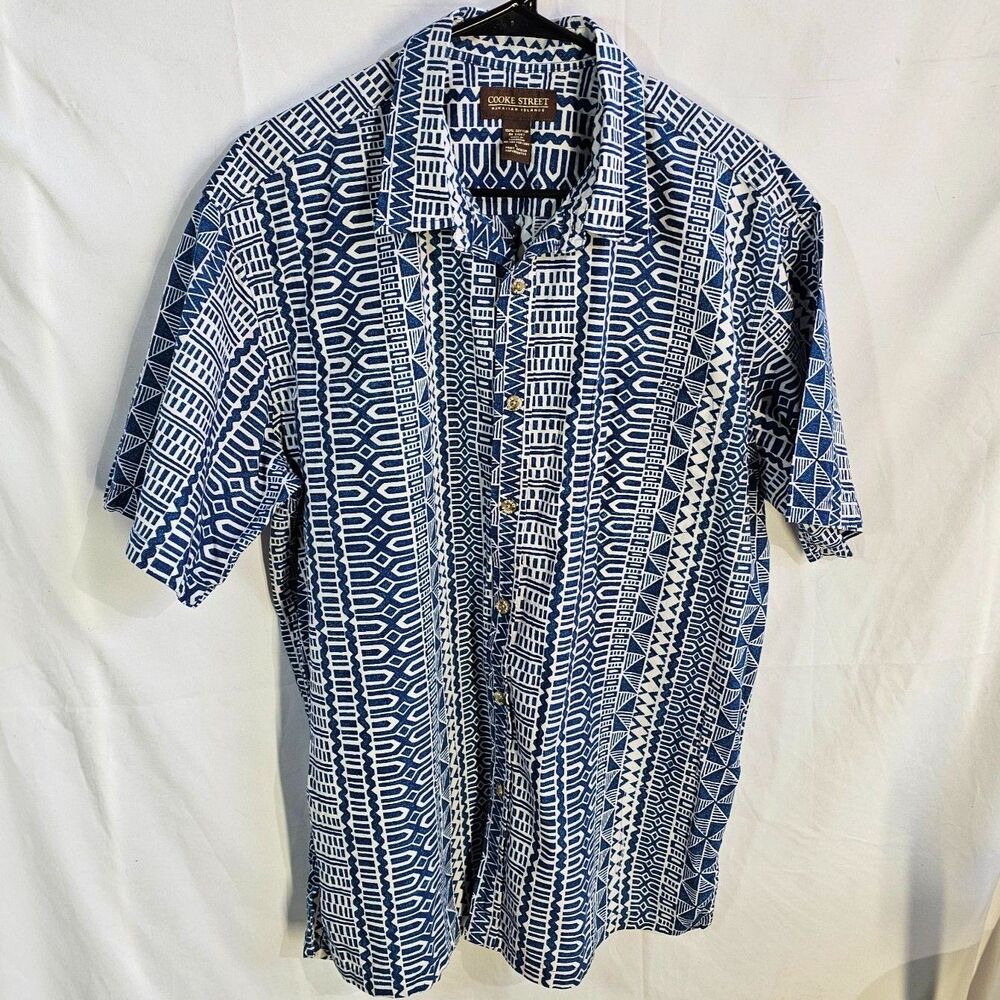 Cooke Street Hawaiian Islands Tribal Batik Camp Shirt Blue White Cotton Mens L